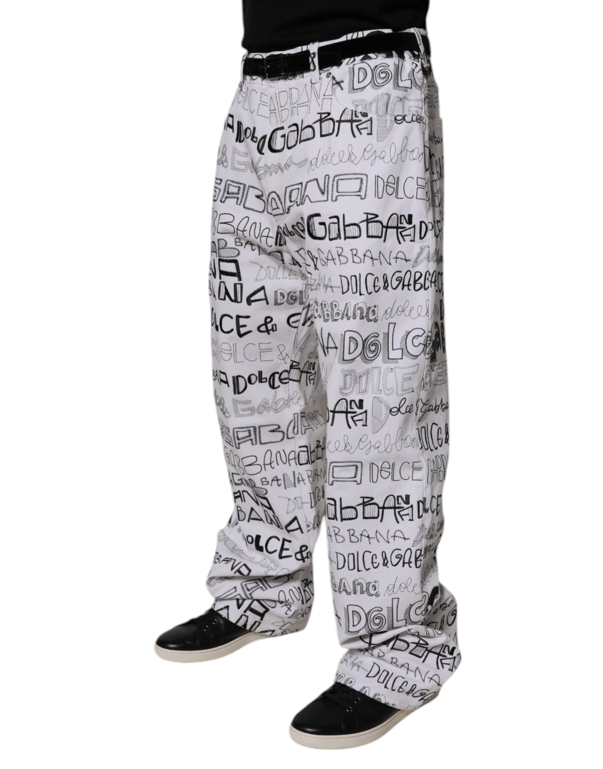Dolce & Gabbana White Logo Print Straight Men Denim Jeans