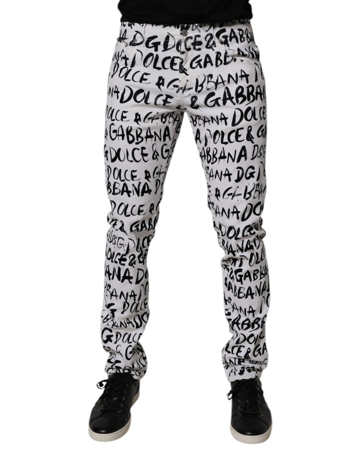 Dolce & Gabbana White Cotton Logo Print Skinny Denim Jeans
