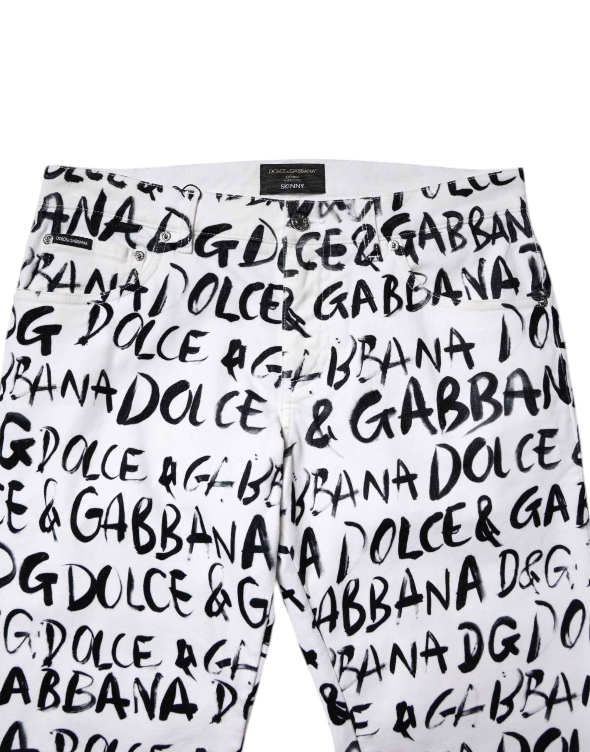Dolce & Gabbana White Cotton Logo Print Skinny Denim Jeans
