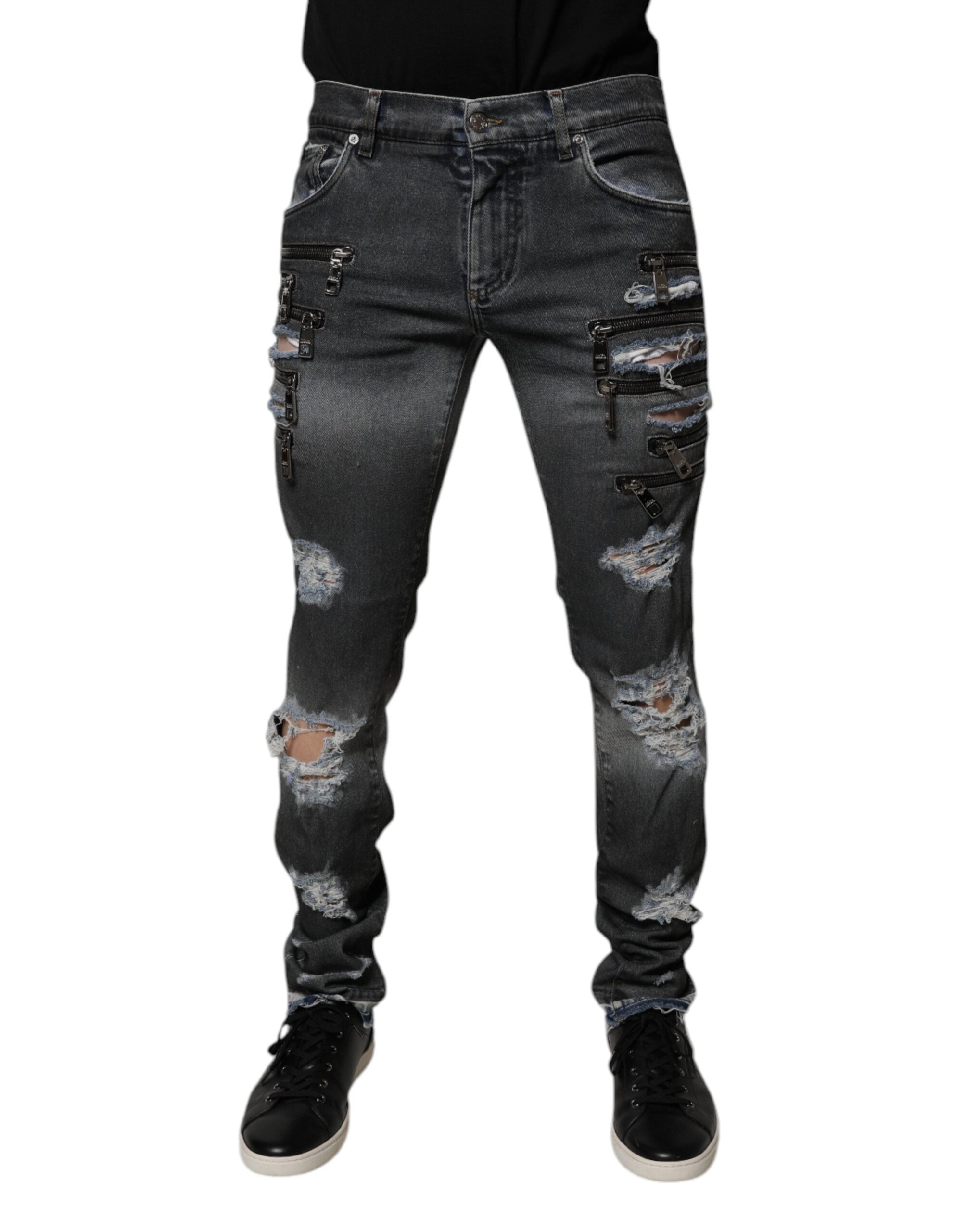 Dolce & Gabbana Dark Gray Tattered Cotton Skinny Denim Jeans