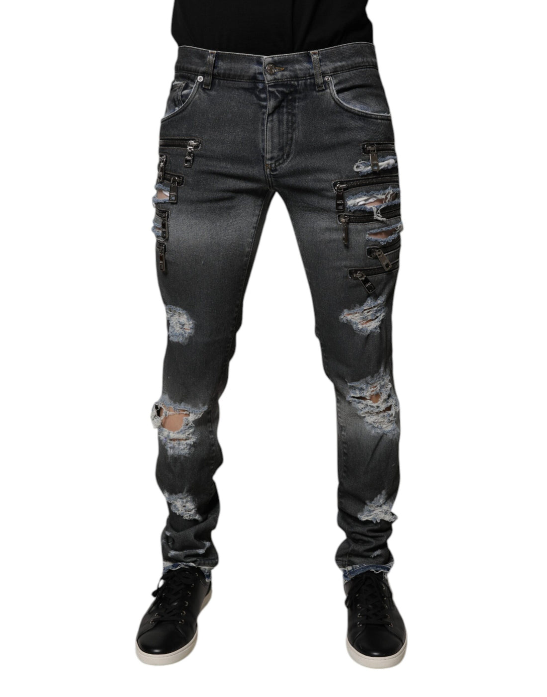 Dolce & Gabbana Dark Gray Tattered Cotton Skinny Denim Jeans