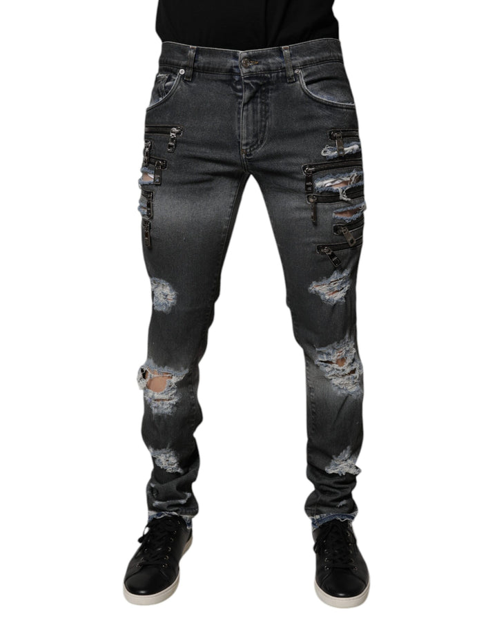 Dolce & Gabbana Dark Gray Tattered Cotton Skinny Denim Jeans