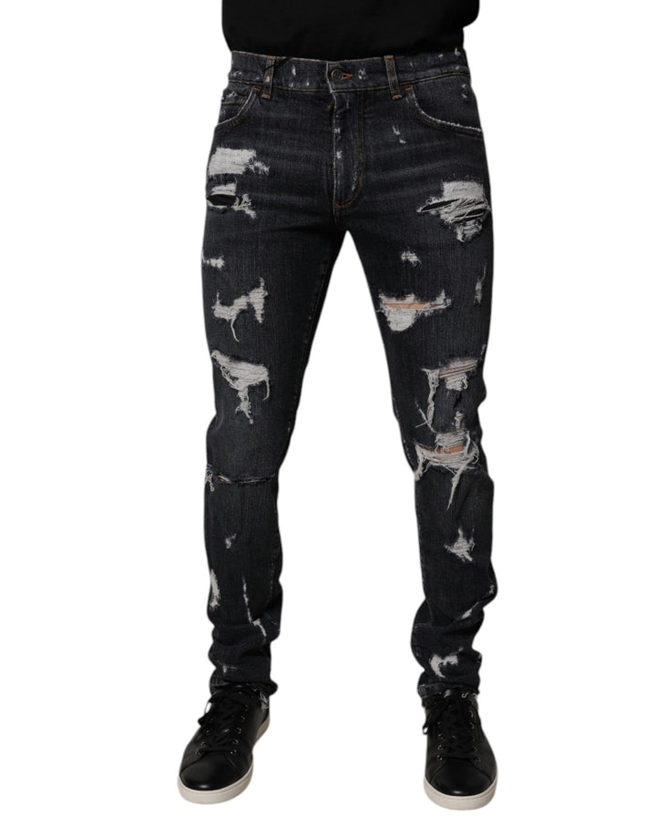 Dolce & Gabbana Black Tattered Cotton Skinny Men Denim Jeans