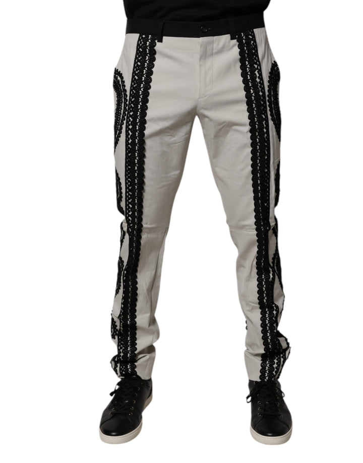 Dolce & Gabbana White Lace Trim Mid Waist Dress Formal Pants