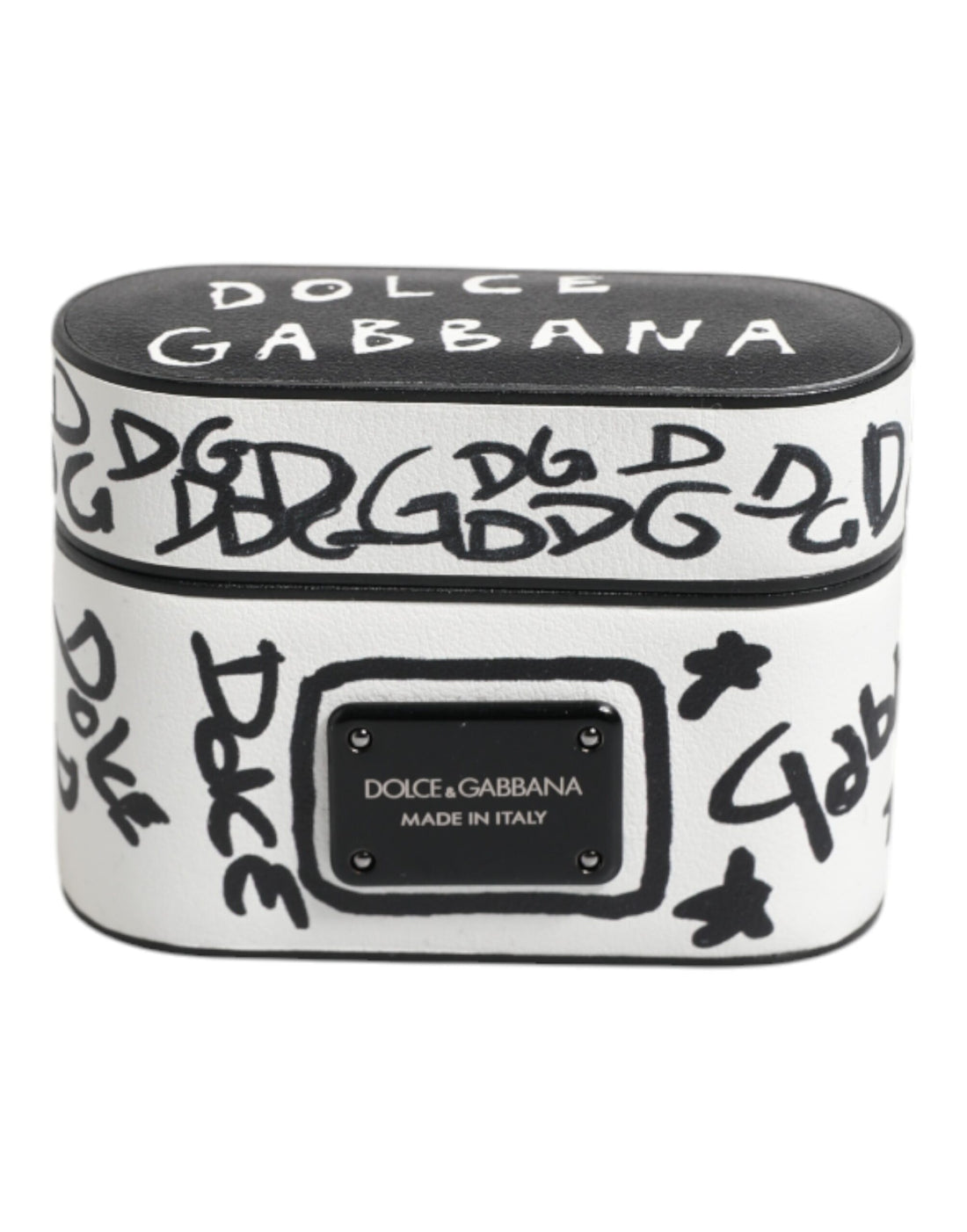 Dolce & Gabbana Black White Leather Scribble Embossed Logo Airpods Case