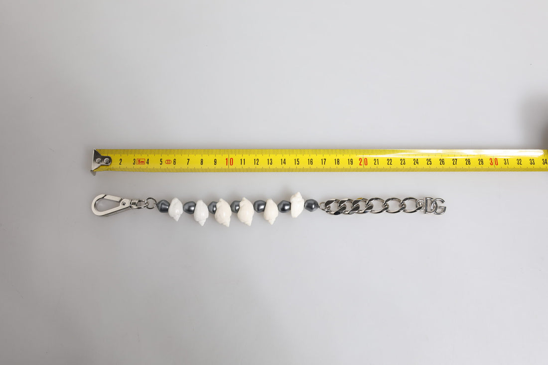 Dolce & Gabbana Silver Tone Brass Beaded Shell DG Logo Pendant Bracelet