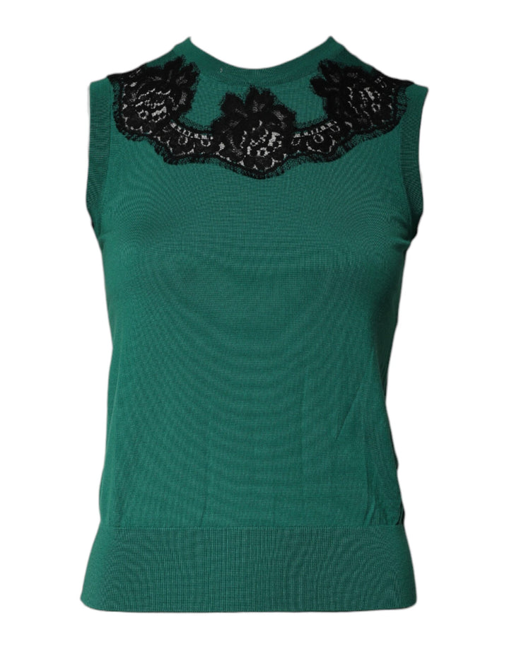Dolce & Gabbana Green Wool Lace Detail Sleeveless Tank Top