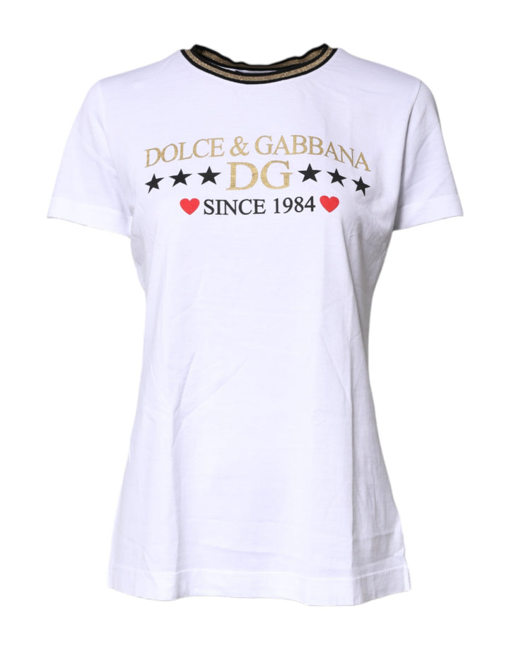 Dolce & Gabbana White Printed Round Neck Top Cotton T-shirt