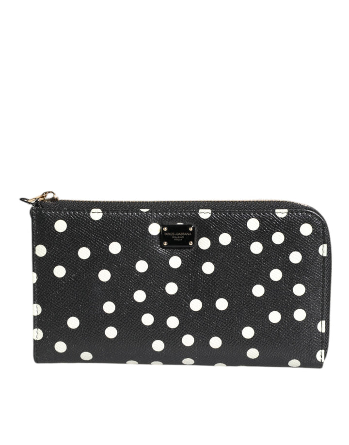 Dolce & Gabbana Black White Dotted Leather Zip Around Continental Wallet