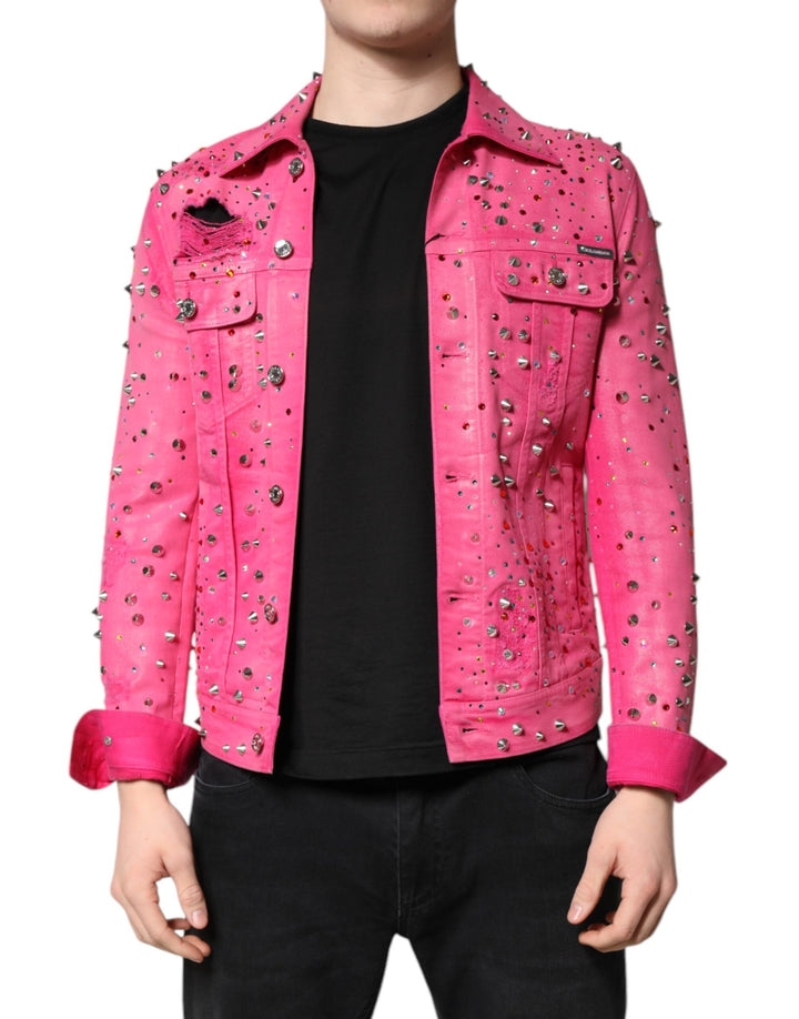 Dolce & Gabbana Pink Crystal Embellished Cotton Denim Jacket
