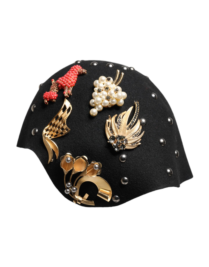 Dolce & Gabbana Black Wool Multicolor Embellished Cloche Hat