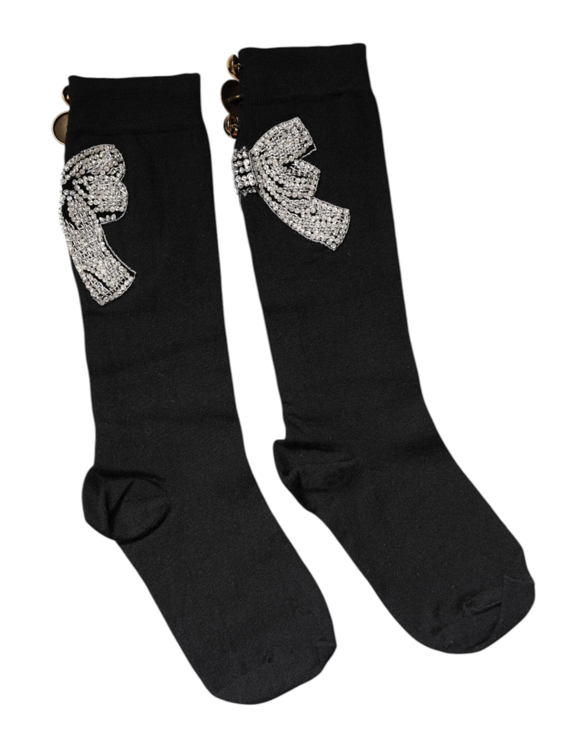 Dolce & Gabbana Black Knit Floral Crystal Embellishment Socks