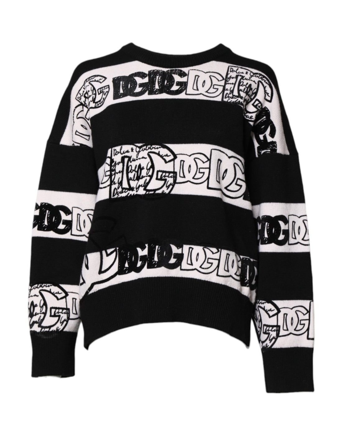 Dolce & Gabbana Black White Logo Print Wool Pullover Sweater