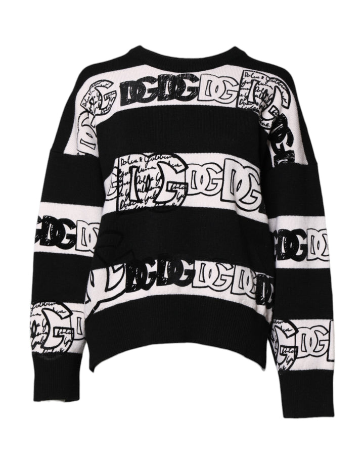 Dolce & Gabbana Black White Logo Print Wool Pullover Sweater