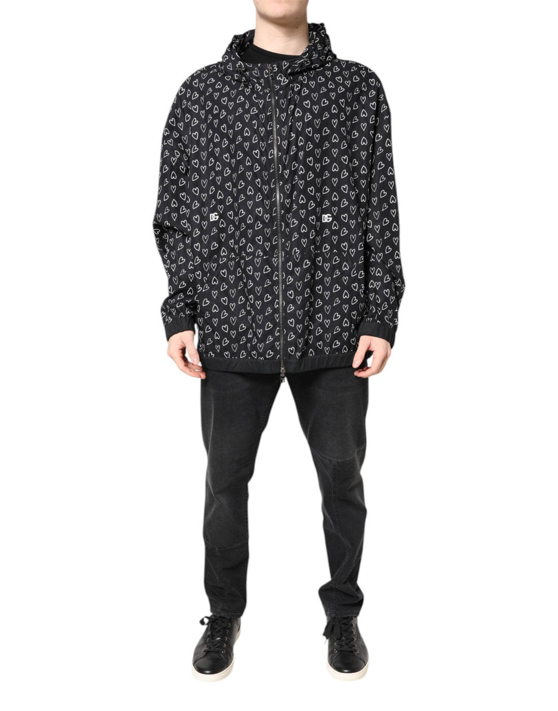 Dolce & Gabbana Black Heart Print Hooded Windbreaker Jacket