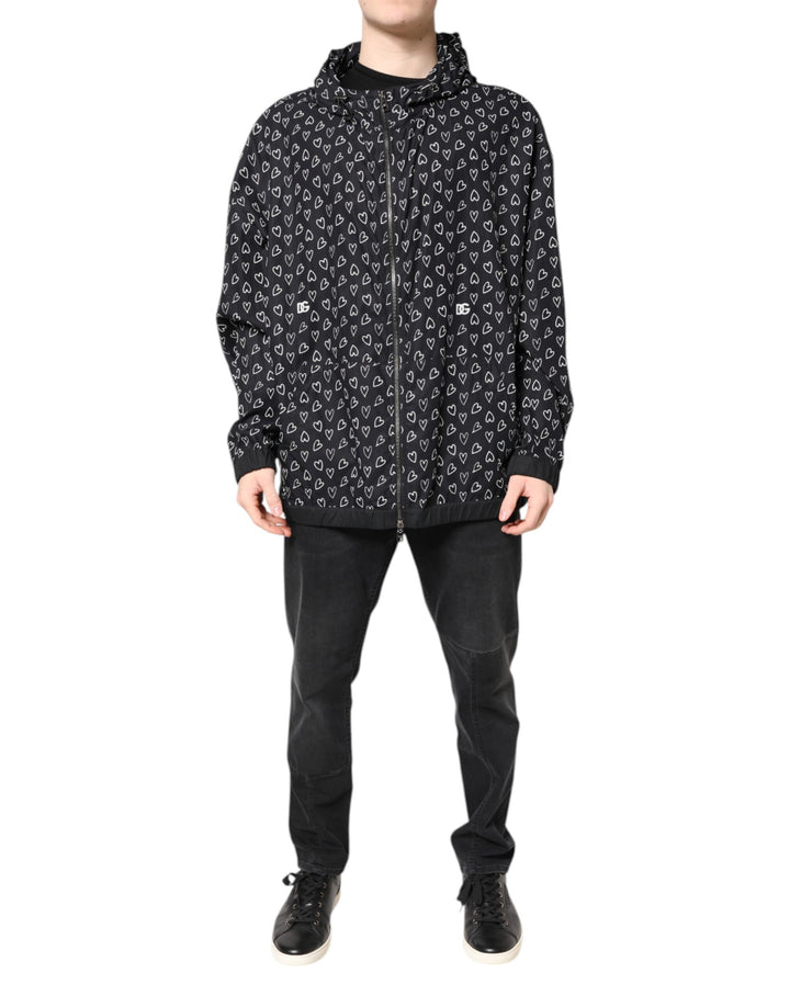 Dolce & Gabbana Black Heart Print Hooded Windbreaker Jacket