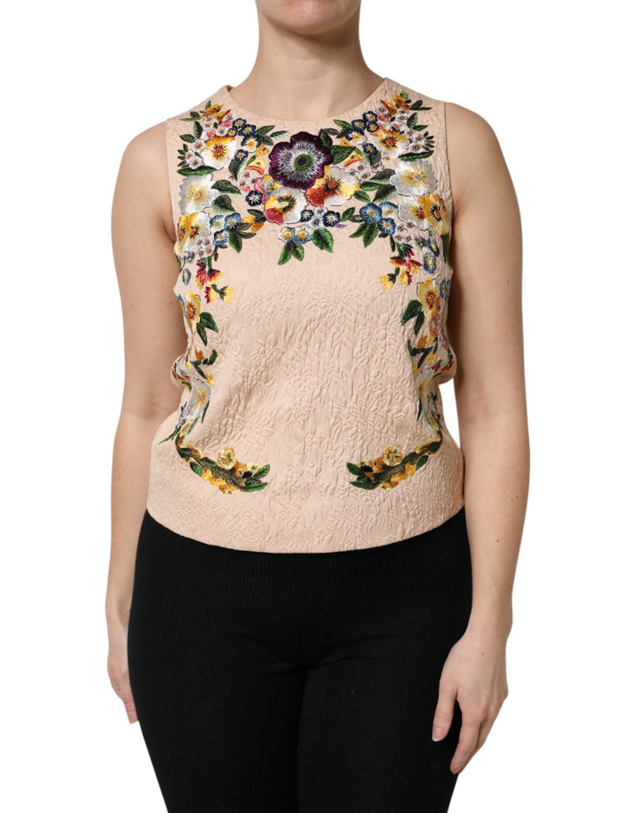 Dolce & Gabbana Beige Floral Embroidery Sleeveless Tank Top