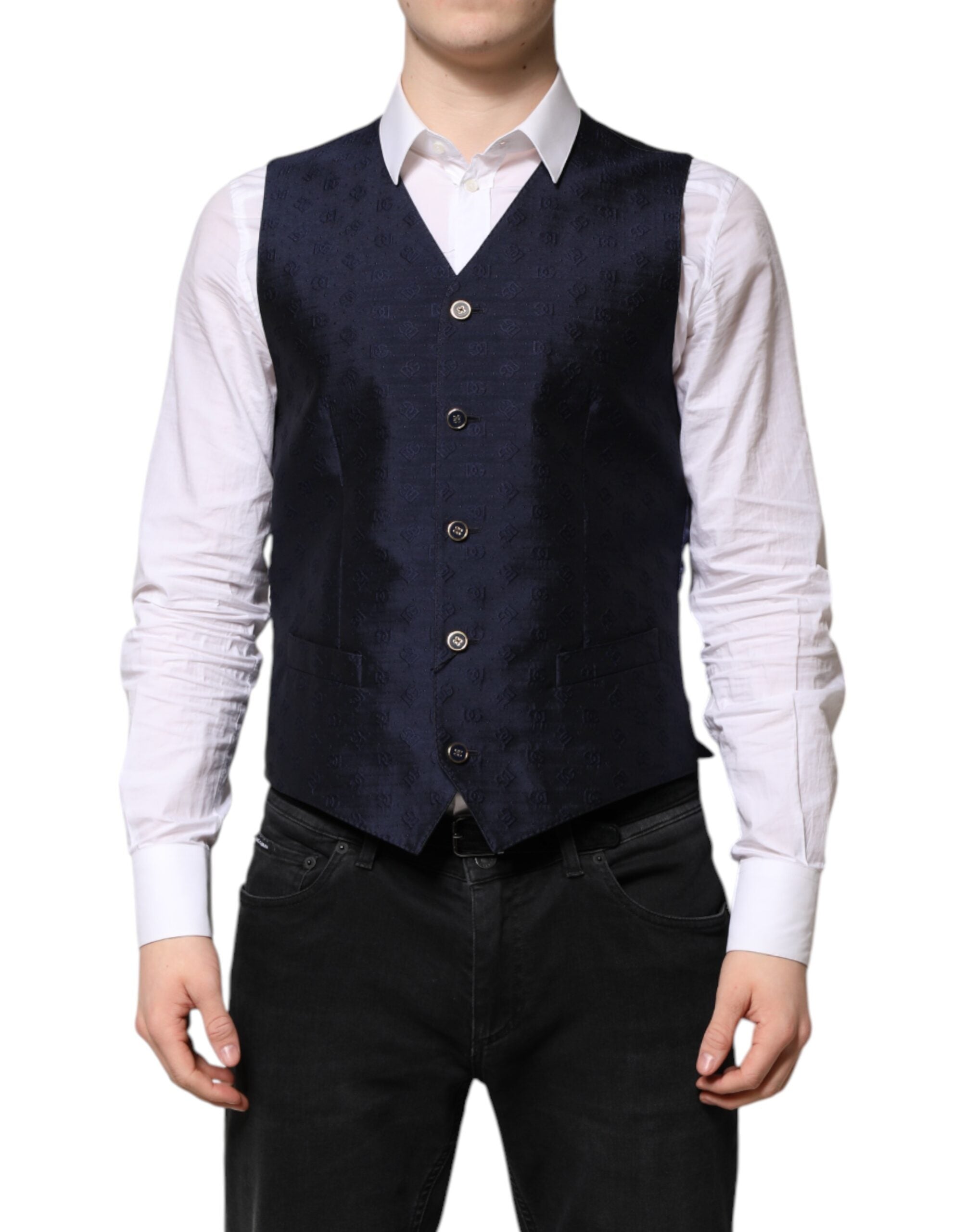 Dolce & Gabbana Dark Blue Logo Wool Formal Men Waistcoat Vest