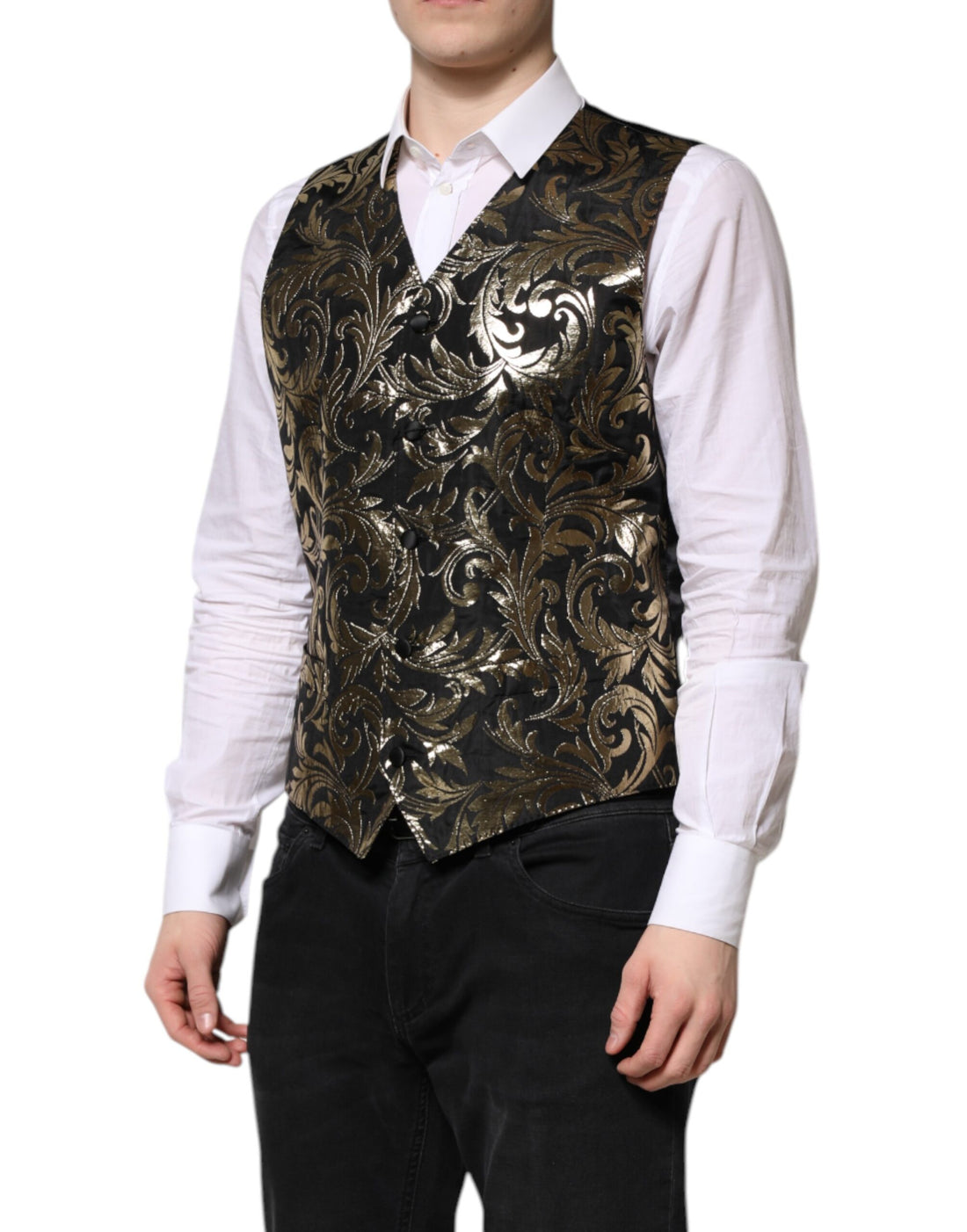 Dolce & Gabbana Black Gold Jacquard Formal Men Waistcoat Vest