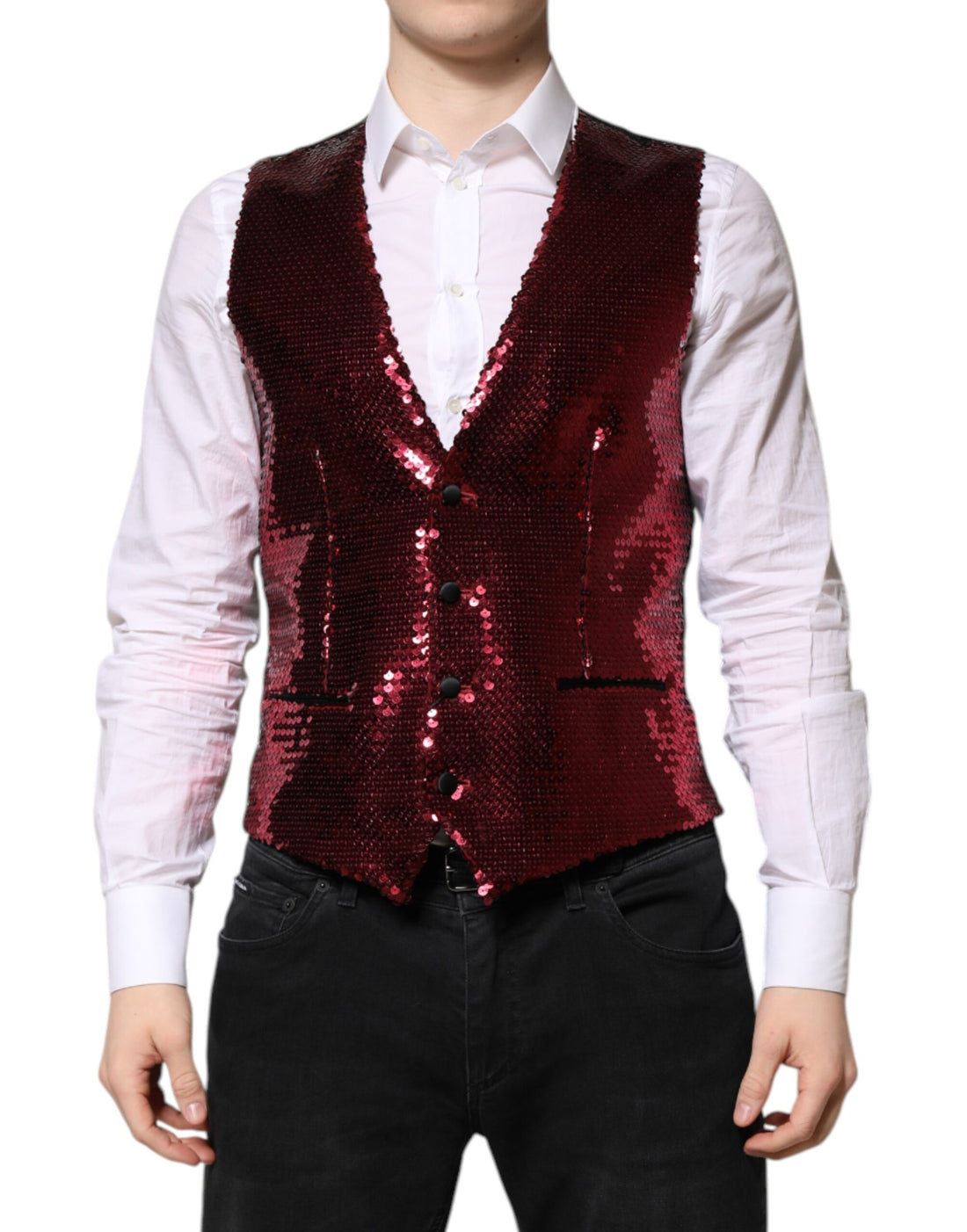 Dolce & Gabbana Red Sequined Dress Formal Men Waistcoat Vest