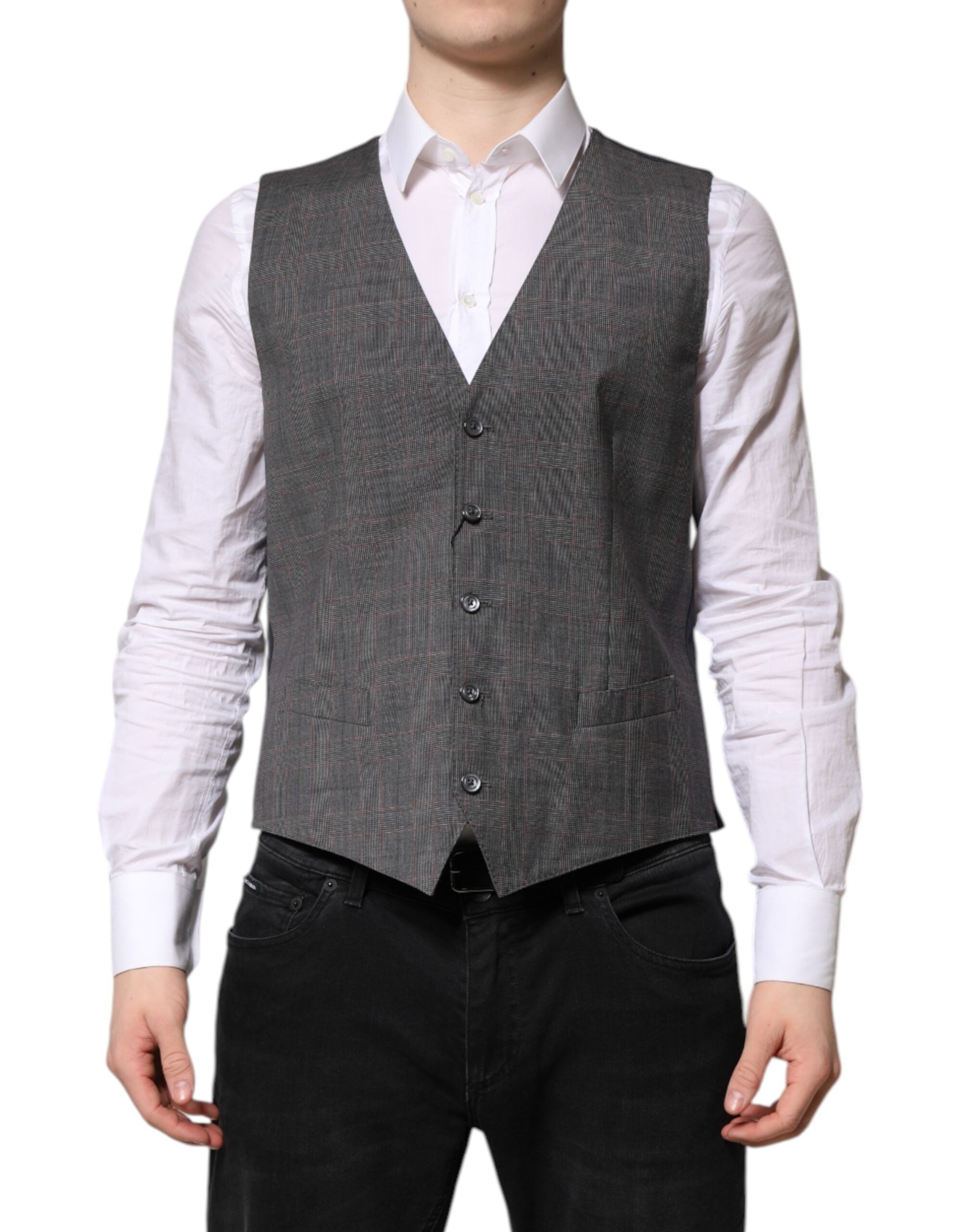 Dolce & Gabbana Gray Plaid Wool Formal Dress Waistcoat Vest