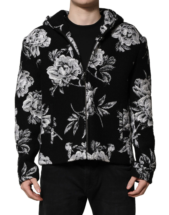 Dolce & Gabbana Black Wool Floral Printed Men Hooded Jacket