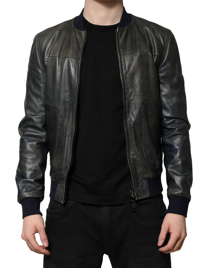 Dolce & Gabbana Black Lambskin Leather Biker Full Zip Jacket