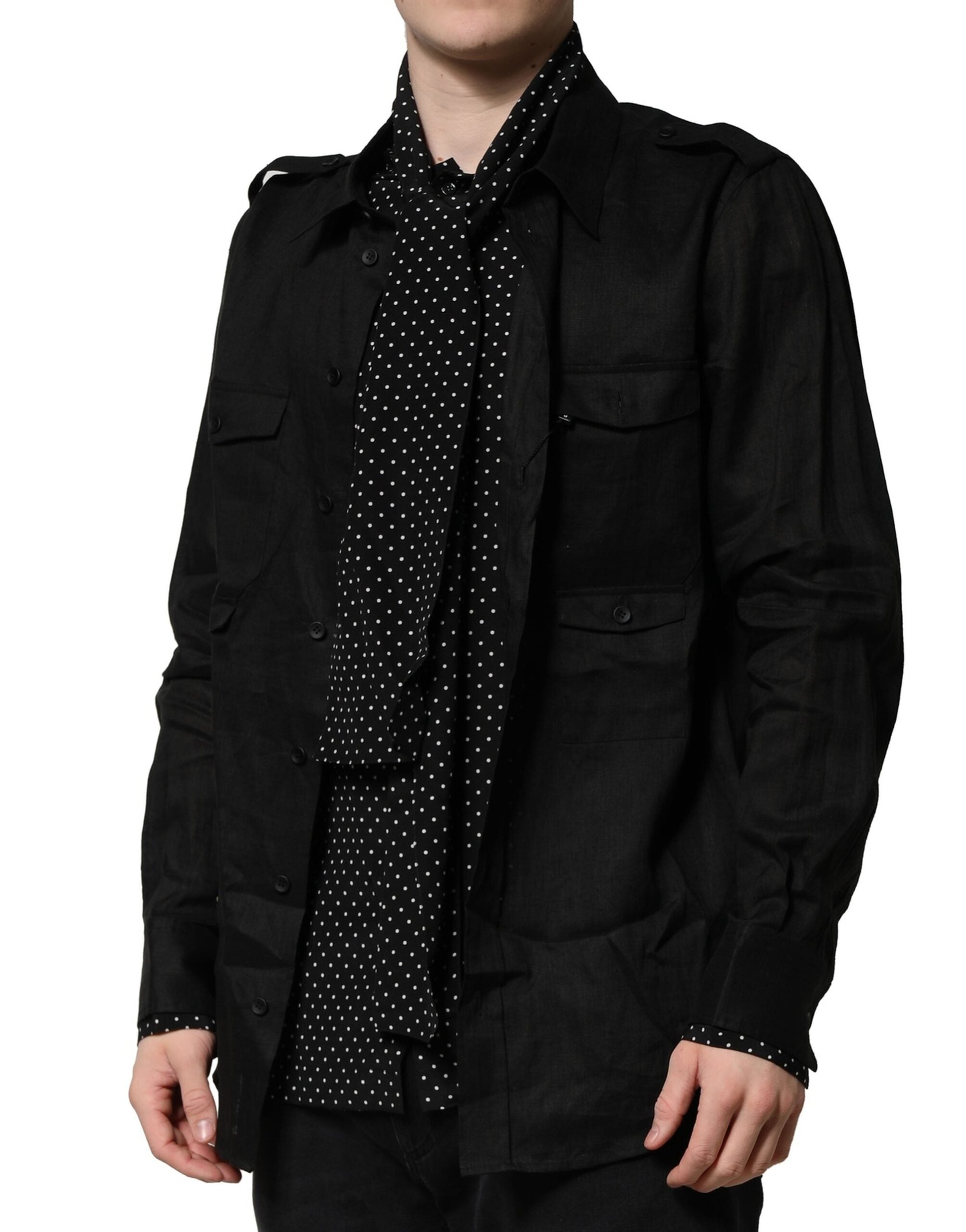 Dolce & Gabbana Black Polka Dot Collar Tie Neck Casual Shirt