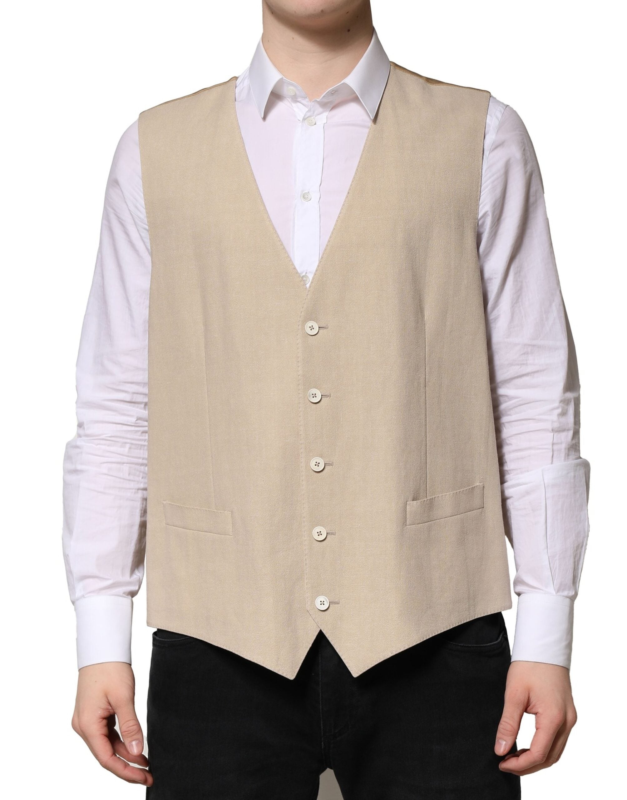 Dolce & Gabbana Beige Linen Dress Formal Men Waistcoat Vest