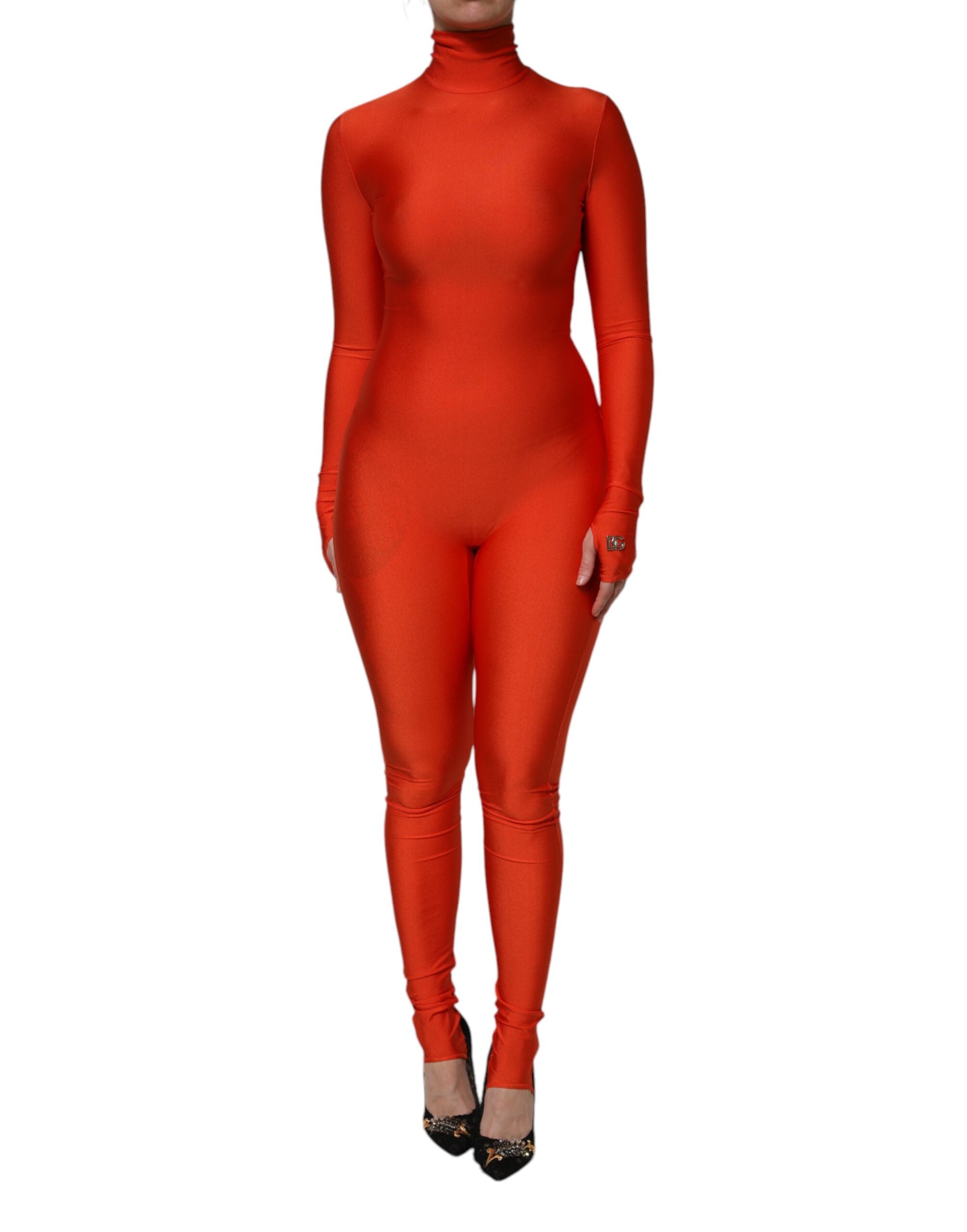 Dolce & Gabbana Red Nylon Turtleneck Bodycon Jumpsuit Dress
