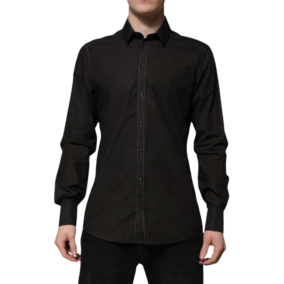 Dolce & Gabbana Black Cotton Jacquard GOLD Collar Dress Shirt