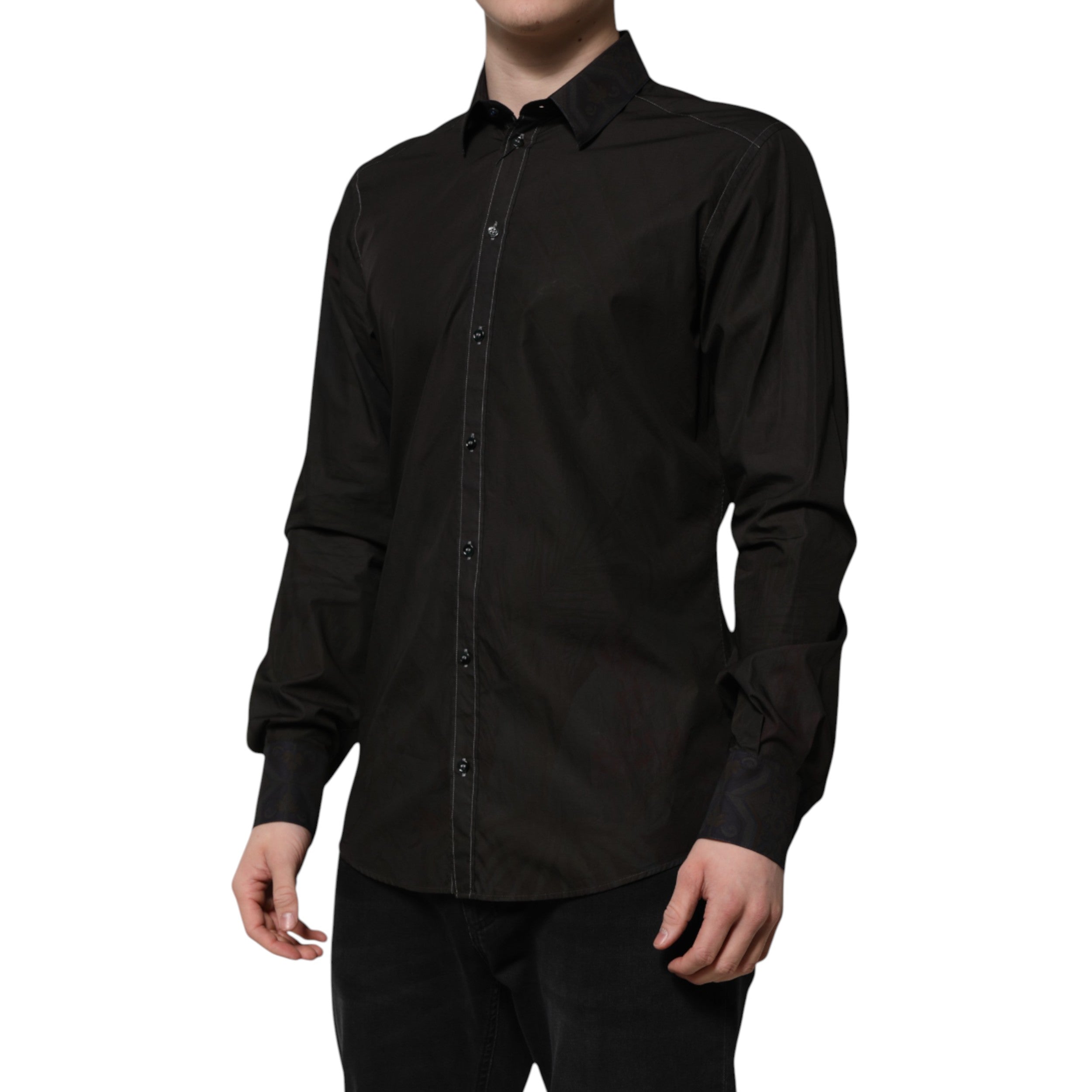 Dolce & Gabbana Black Cotton Jacquard GOLD Collar Dress Shirt