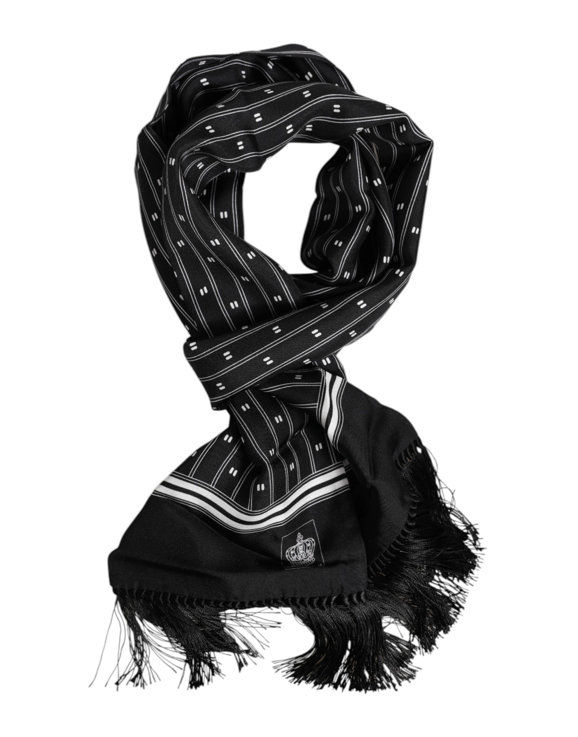 Dolce & Gabbana Black Silk Printed Fringes Men Foulard Scarf
