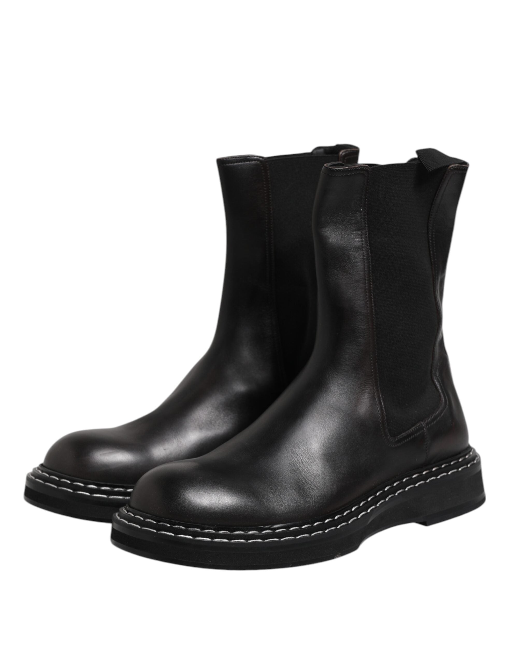Dolce & Gabbana Black Leather Mid Calf Boots Flats Shoes