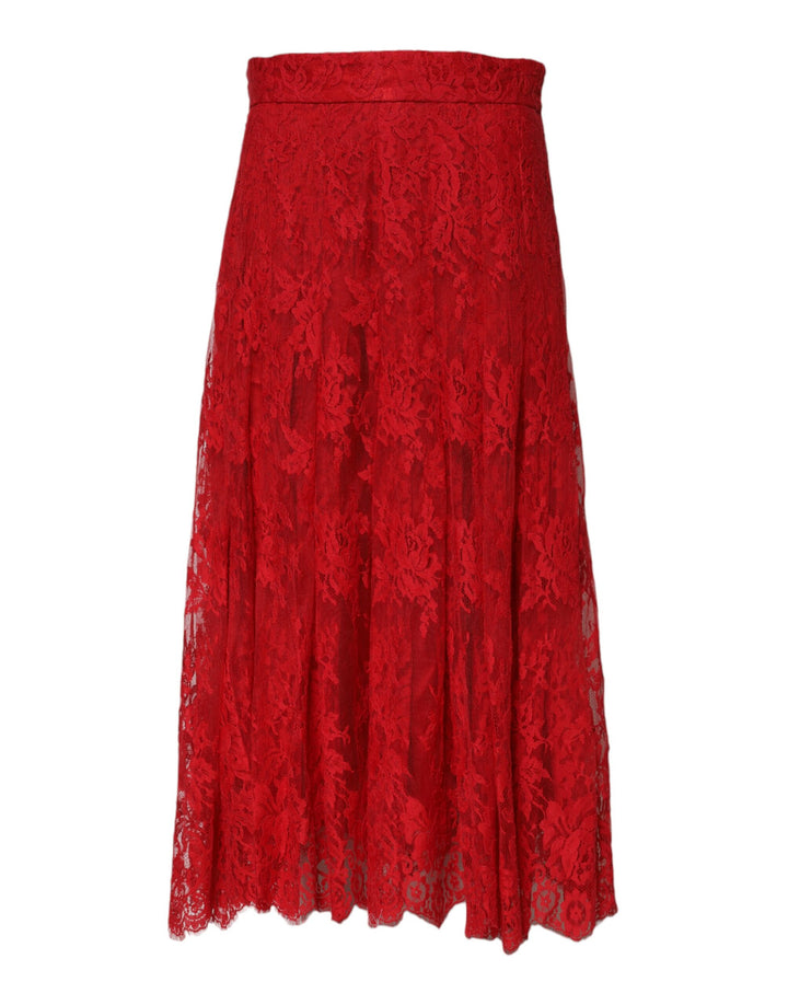 Dolce & Gabbana Red Cotton Floral Lace A-line Long Maxi Skirt