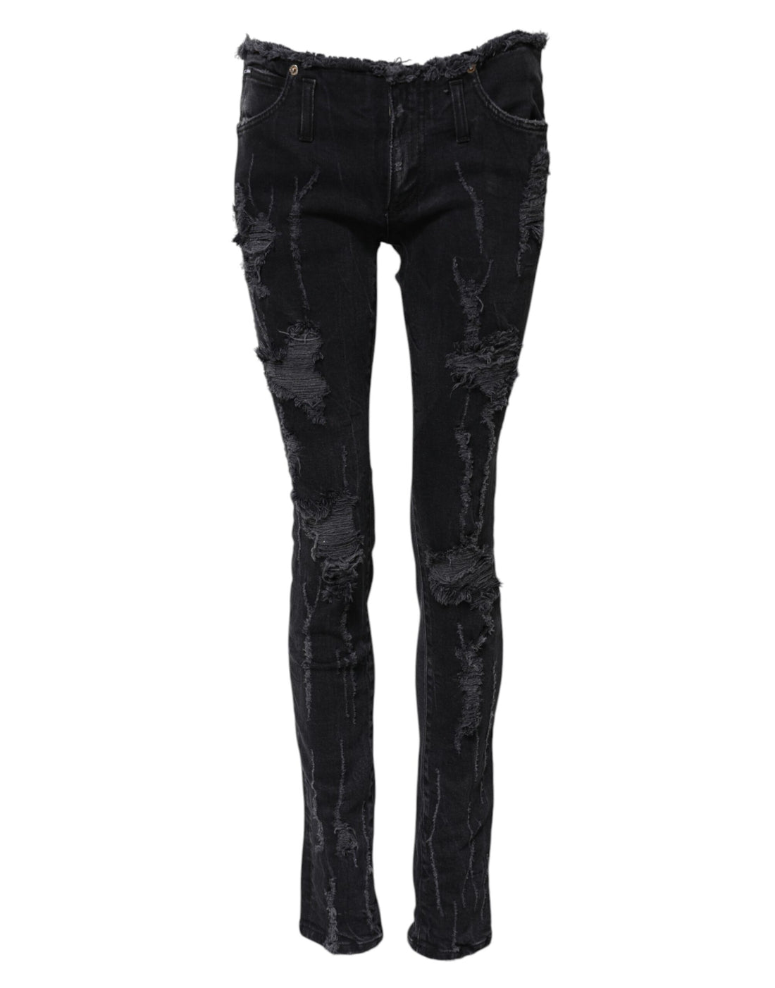 Dolce & Gabbana Black Cotton Tattered Skinny Denim Jeans