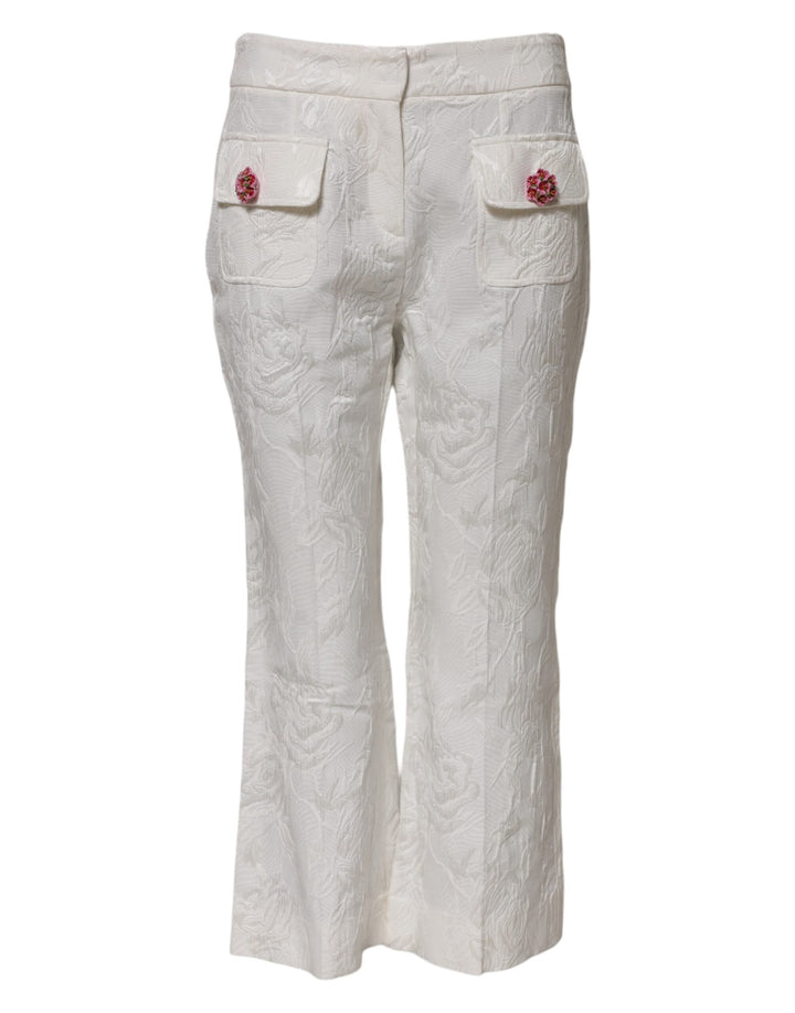 Dolce & Gabbana White Cotton Floral Jacquard Pants