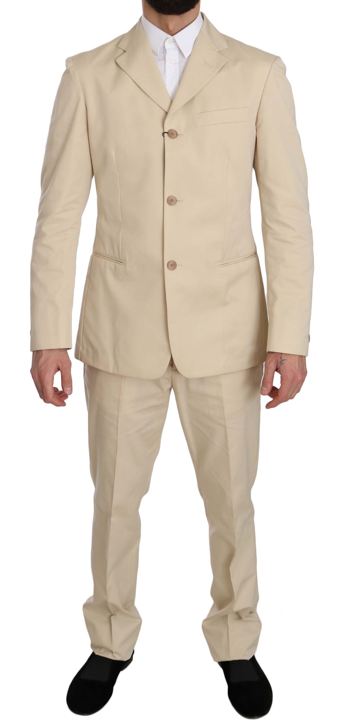 Romeo Gigli Two Piece 3 Button Beige Cotton Solid Suit