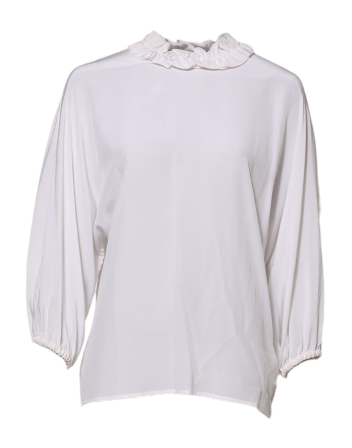 Dolce & Gabbana White Ruffled Neckline Blouse Pullover Top