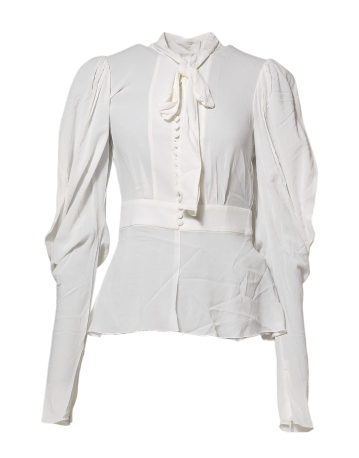 Dolce & Gabbana White Viscose Ascot Collar Long Sleeves Top
