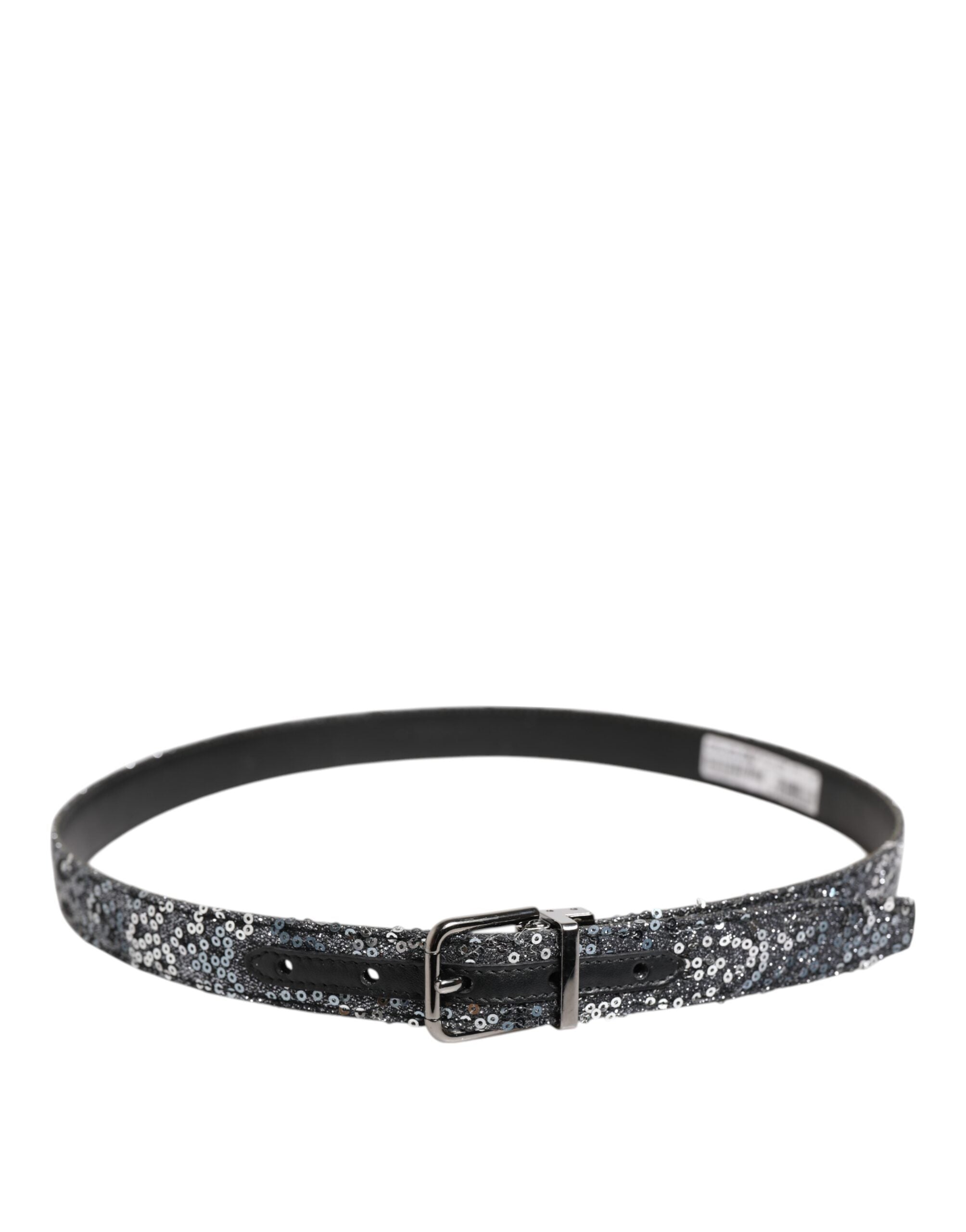 Dolce & Gabbana Black Sequins Silver Metal Logo Buckle Belt