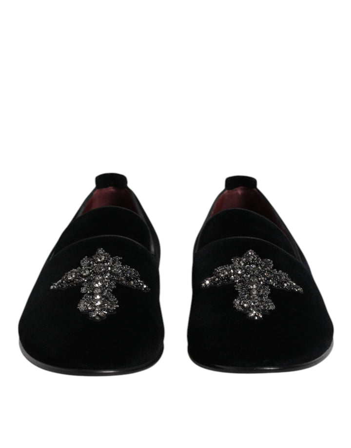 Dolce & Gabbana Black Velvet Embellished Loafer Slip On Shoes