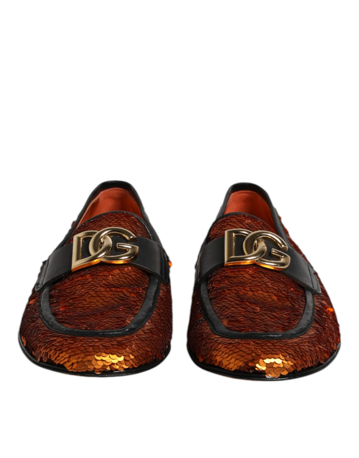 Dolce & Gabbana Orange Sequin Embellished Men Loafers Shoes