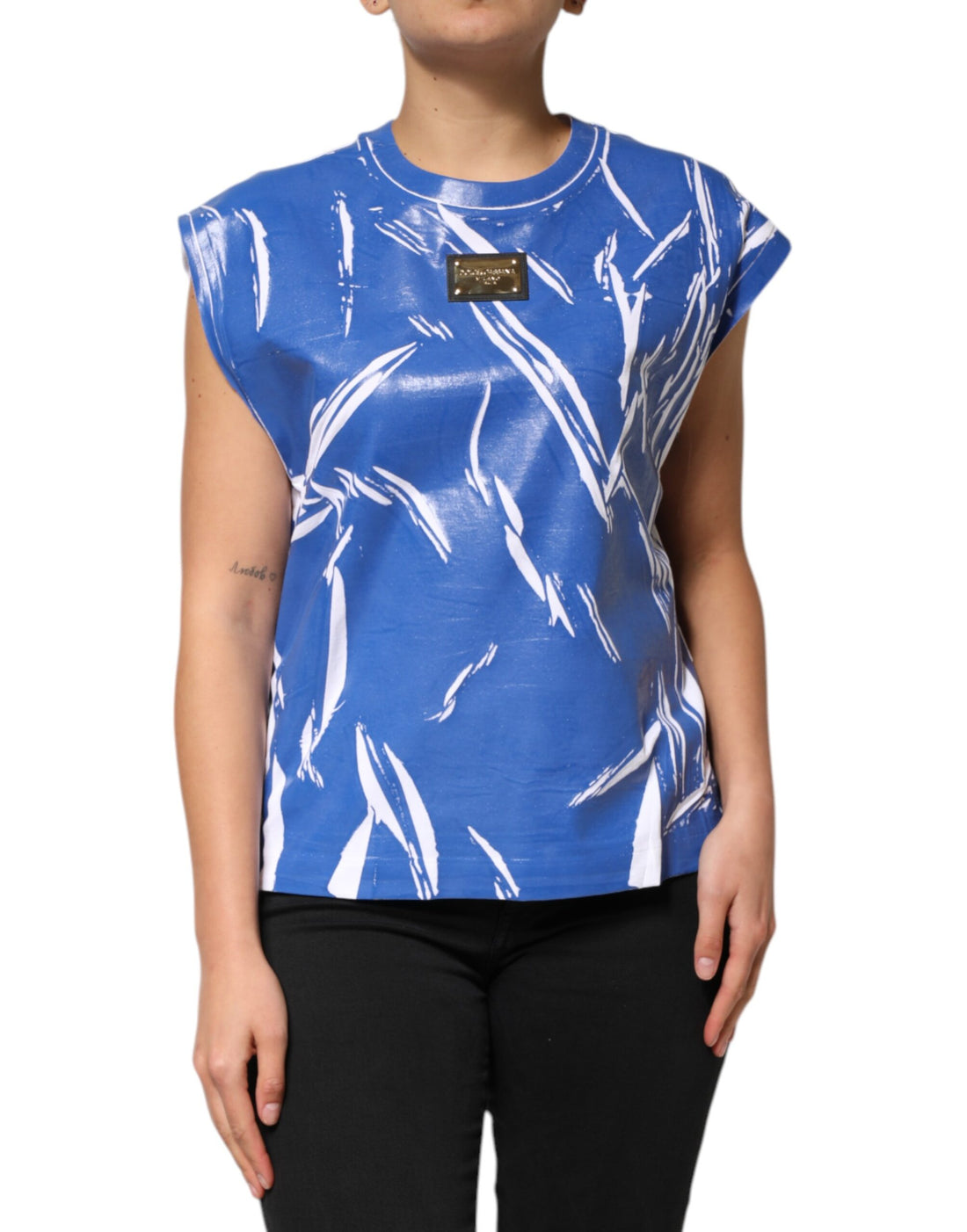 Dolce & Gabbana Blue White Cotton Logo Plaque Women Tank Top