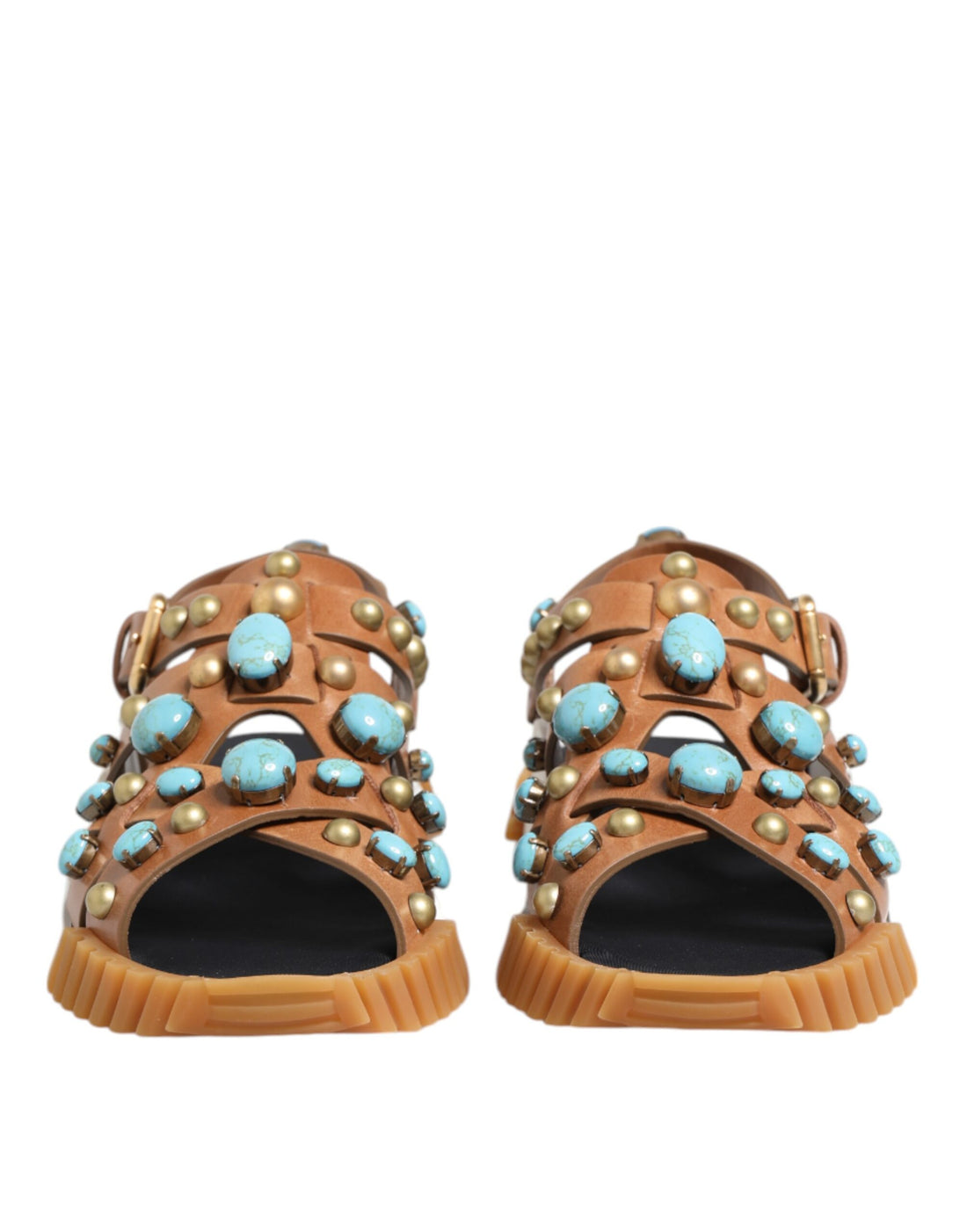 Dolce & Gabbana Brown Leather Studded Slides Sandals Shoes