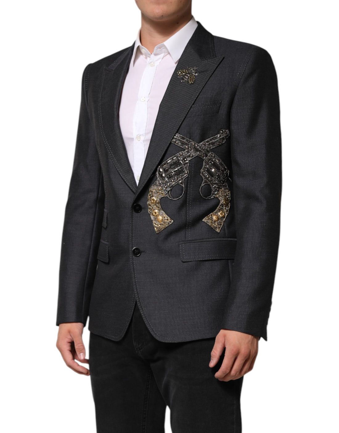 Dolce & Gabbana Dark Gray Bee Embroidery Wool Coat Blazer