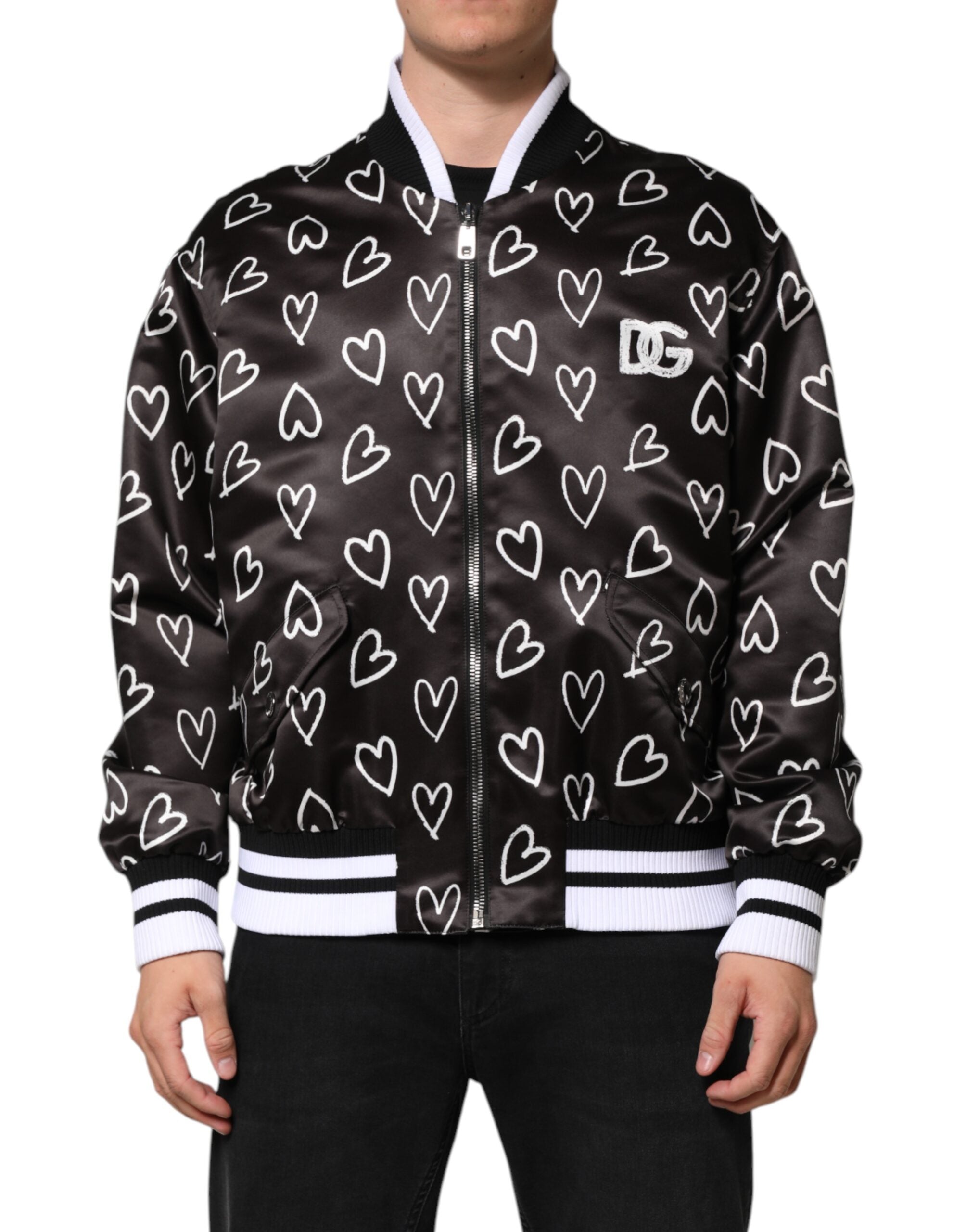 Dolce & Gabbana Black Polyester Heart Print Bomber Jacket