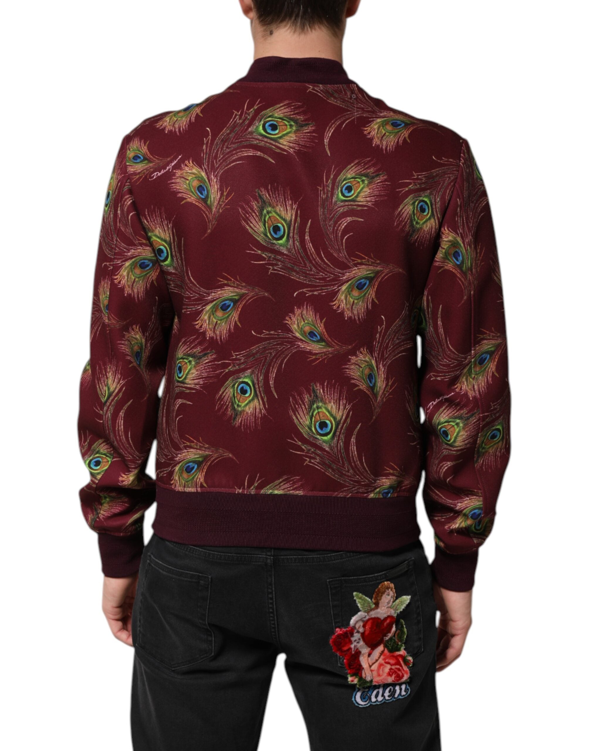 Dolce & Gabbana Maroon Peacock Feather Print Bomber Jacket