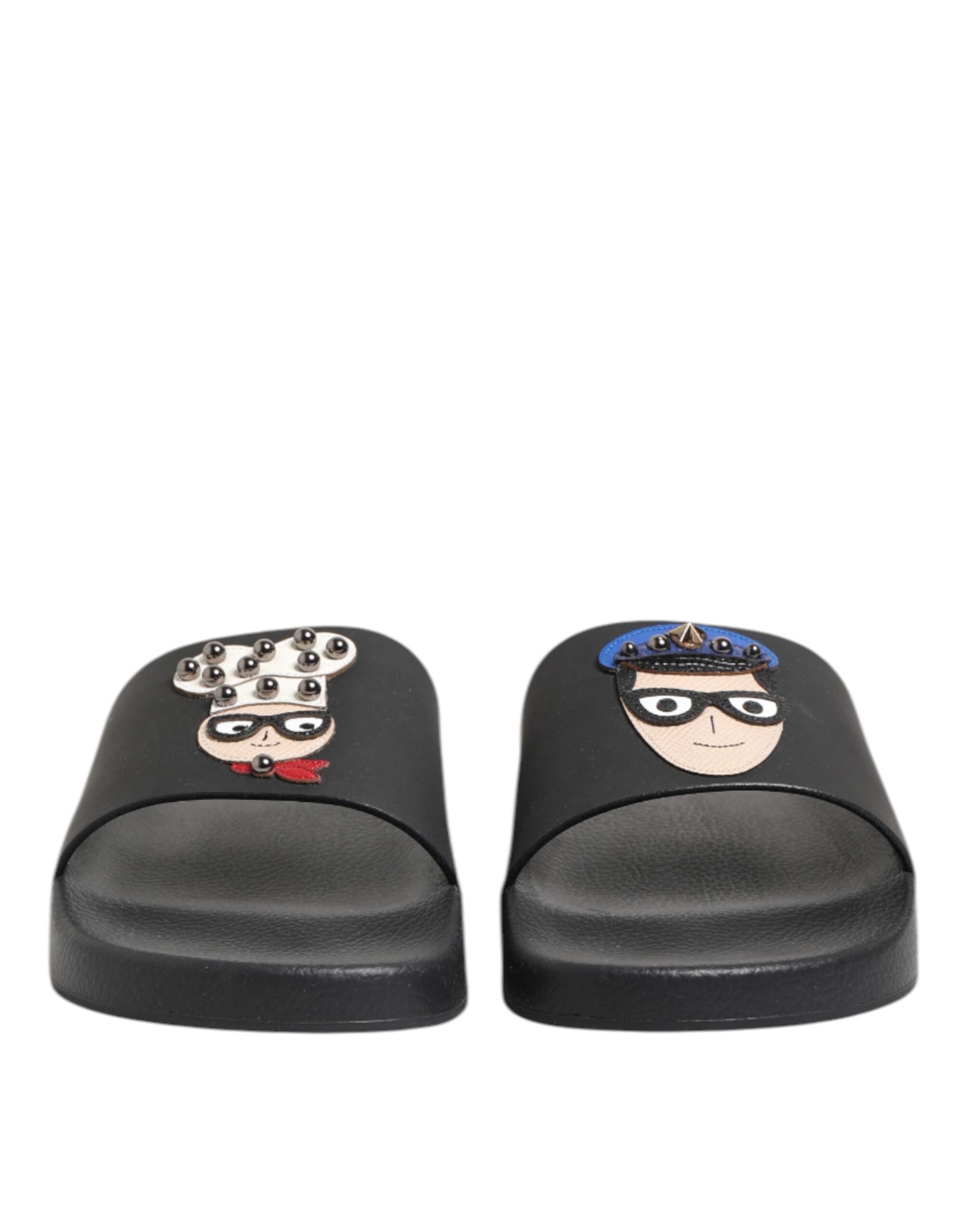 Dolce & Gabbana Black Leather Slides Flats Beachwear Shoes