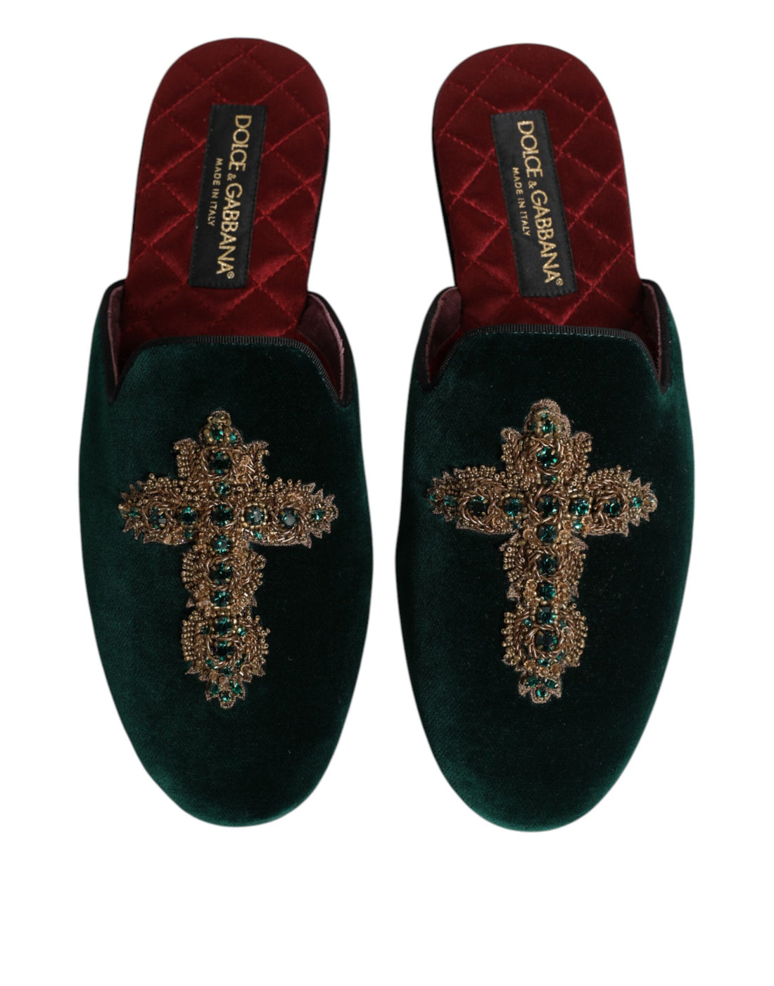 Dolce & Gabbana Green Velvet Cross Embellished Slippers Shoes